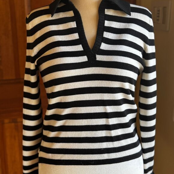 Dana Buchman Vintage Wool Striped V Neck Collared Sweater, M - Picture 2 of 16